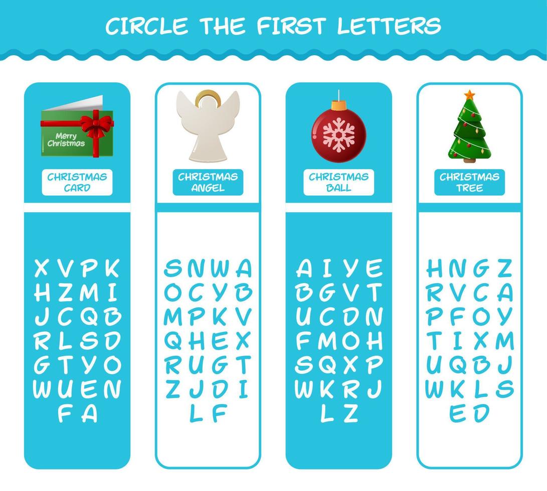 encierra en un círculo las primeras letras de dibujos animados de navidad. juego de correspondencias. juego educativo para niños y niños pequeños en edad preescolar vector