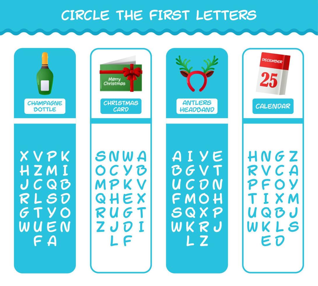 Circle the first letters of cartoon christmas. Matching game. Educational game for pre shool years kids and toddlers vector