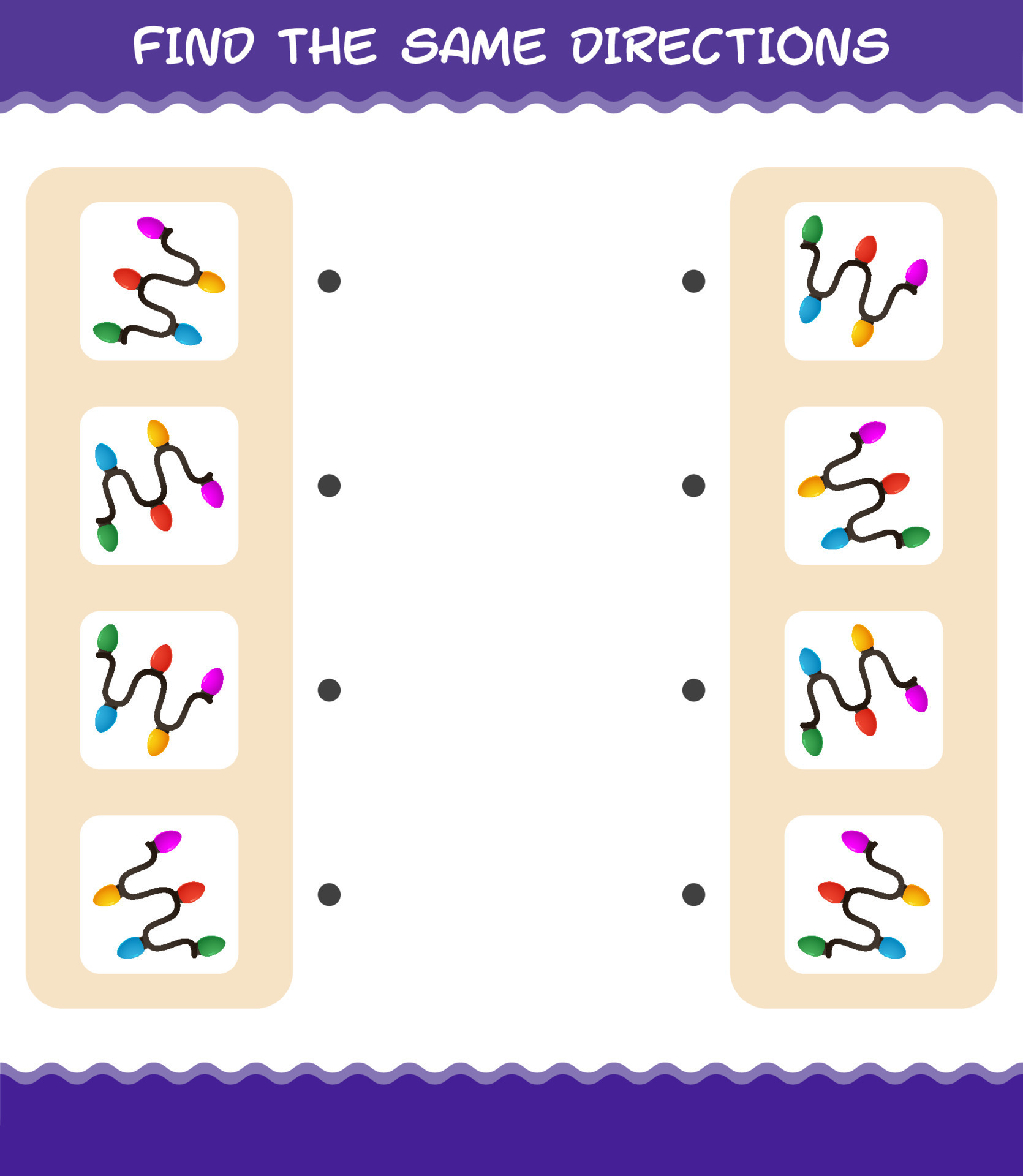 Match the same directions of string light. Matching game. Educational
