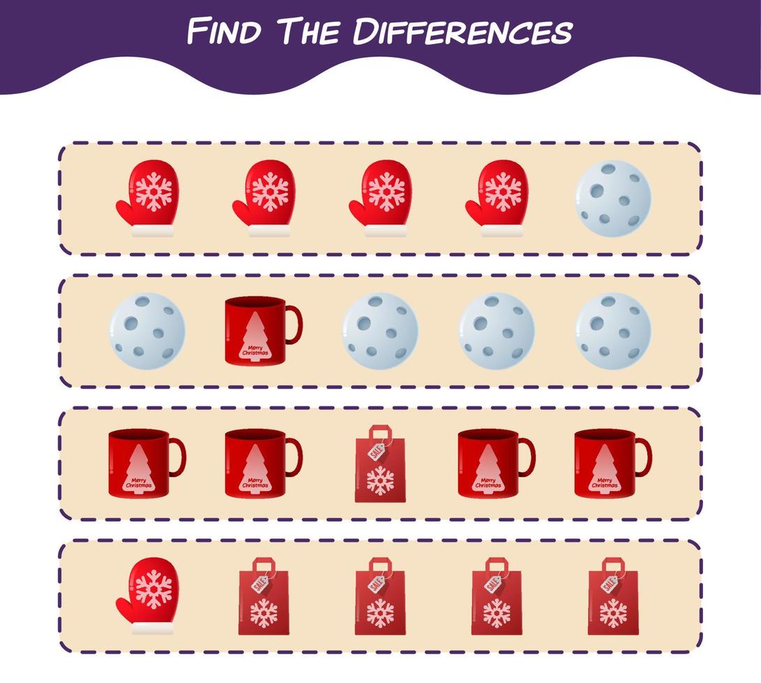 Find the differences between cartoon christmas. Searching game. Educational game for pre shool years kids and toddlers vector