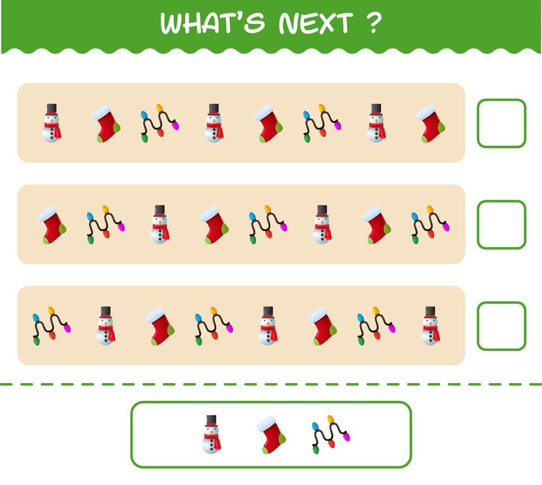 What's comes next educational game of cartoon christmas. Find the regularity and continue the row task. Educational game for pre shool years kids and toddlers vector