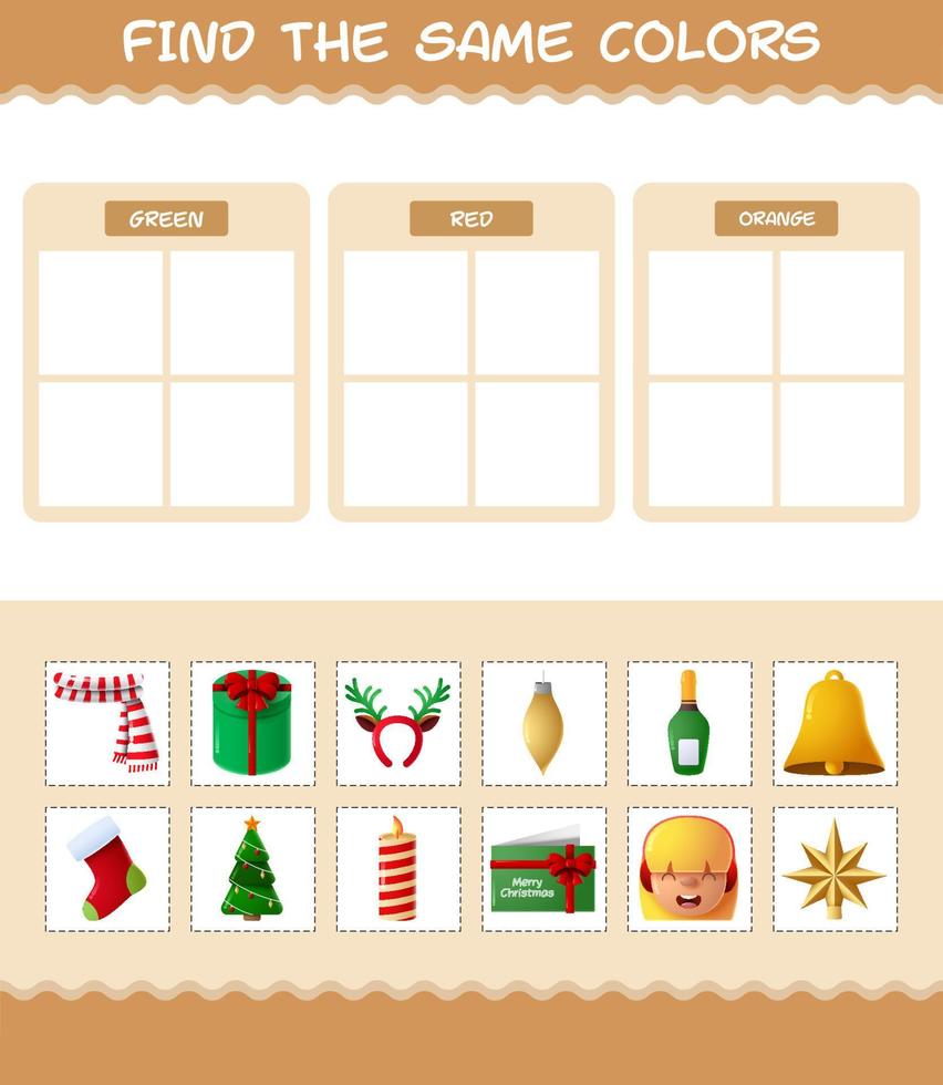 encontrar los mismos colores de navidad. juego de búsqueda y combinación. juego educativo para niños de edad preescolar y niños pequeños vector