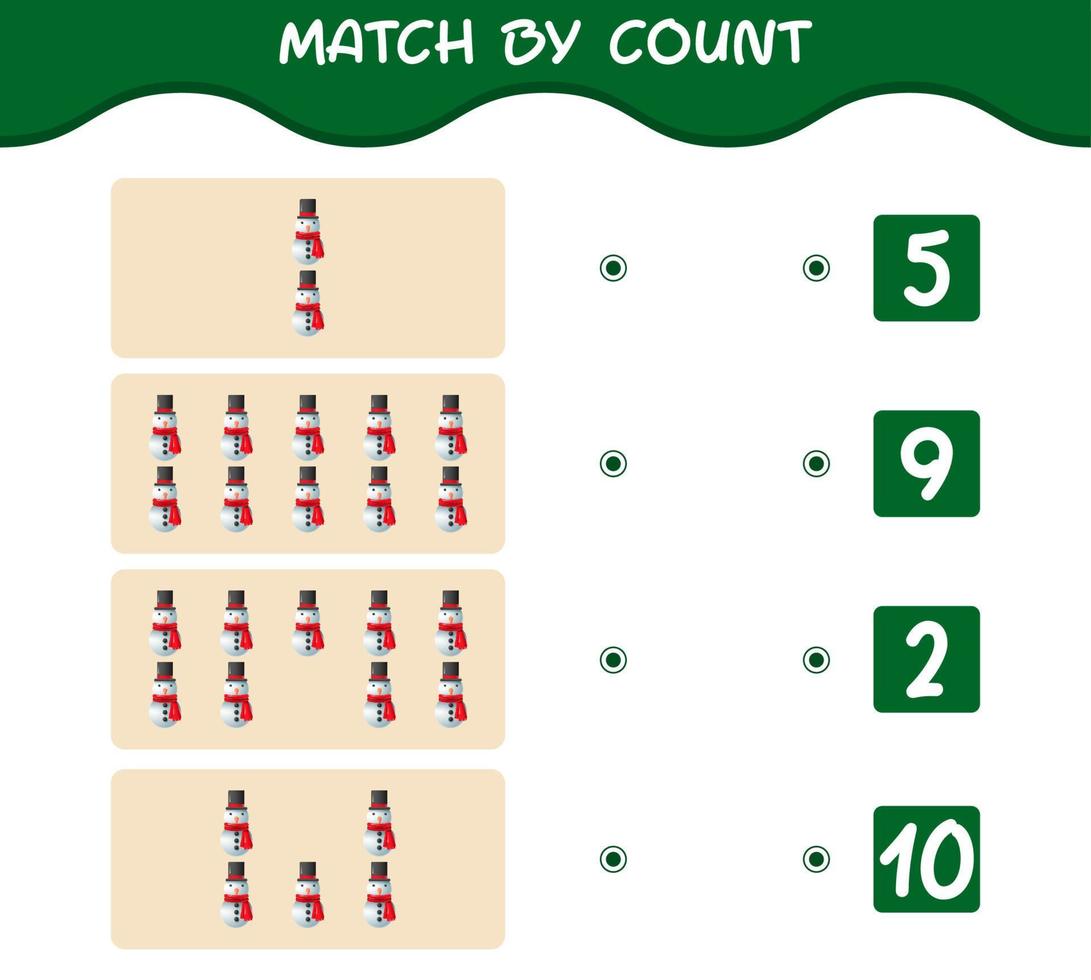 Match by count of cartoon snowman. Match and count game. Educational game for pre shool years kids and toddlers vector