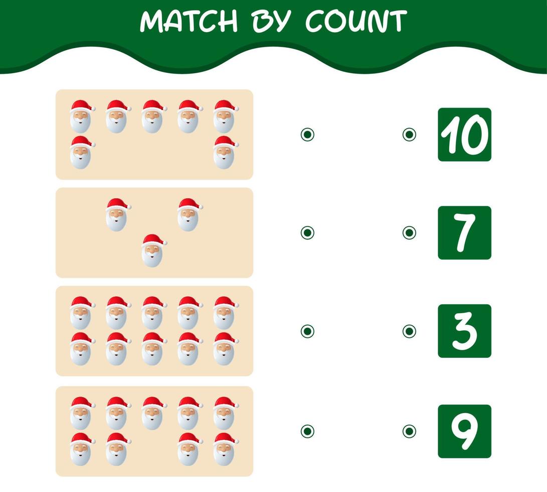 Match by count of cartoon santa claus. Match and count game. Educational game for pre shool years kids and toddlers vector