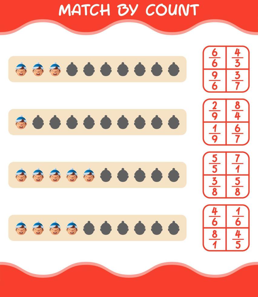 Match by count of cartoon boys. Match and count game. Educational game for pre shool years kids and toddlers vector