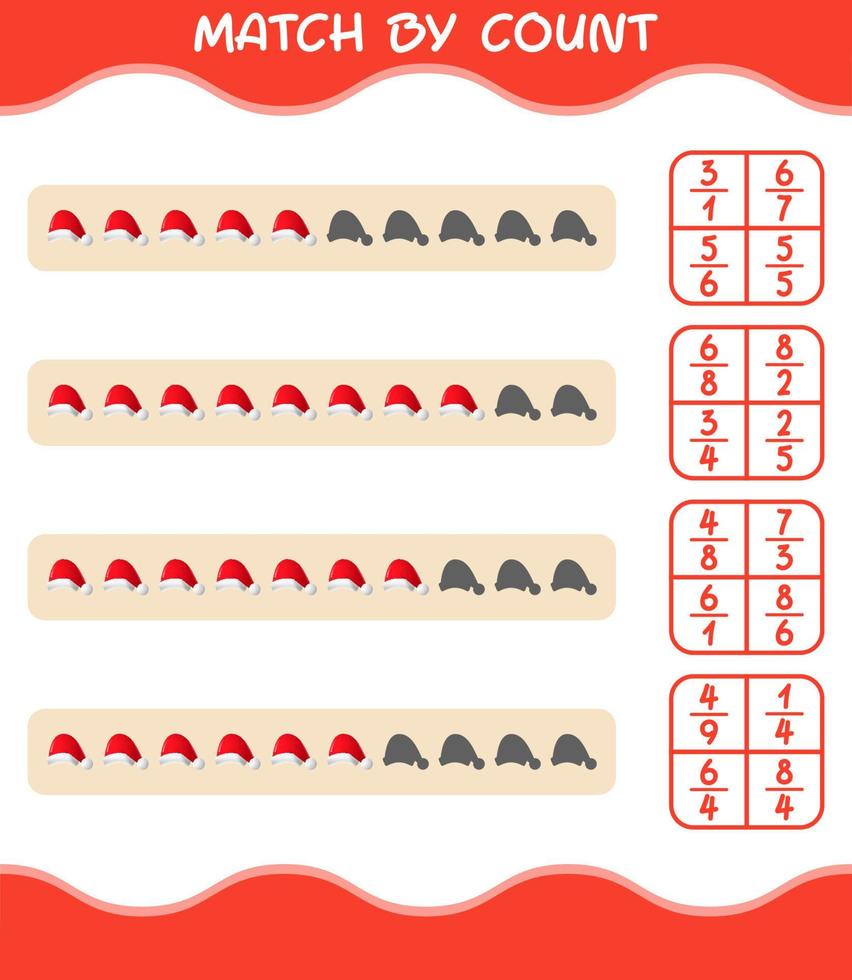 Match by count of cartoon santa hat. Match and count game. Educational game for pre shool years kids and toddlers vector