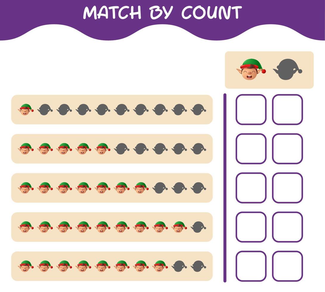 Match by count of cartoon elf. Match and count game. Educational game for pre shool years kids and toddlers vector