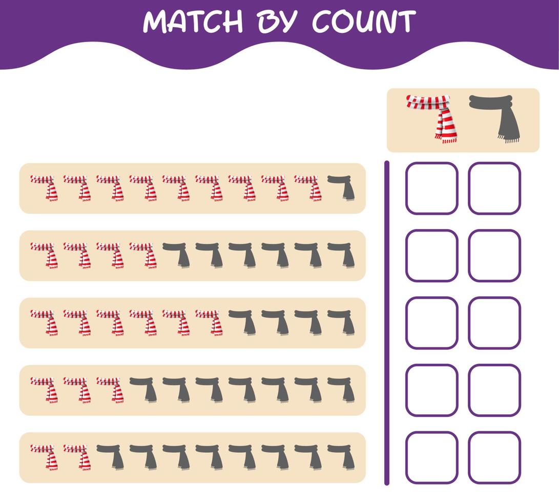 Match by count of cartoon scarf. Match and count game. Educational game for pre shool years kids and toddlers vector