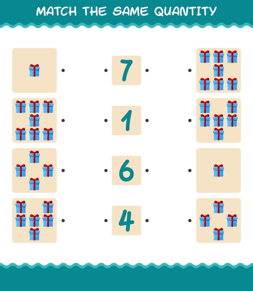 Match the same quantity of gift box. Counting game. Educational game for pre shool years kids and toddlers vector