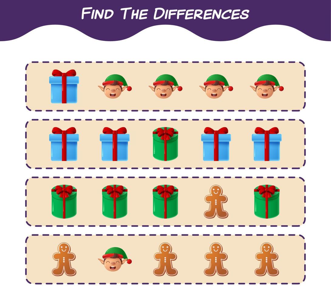encuentra las diferencias entre dibujos animados de navidad. juego de búsqueda juego educativo para niños de edad preescolar y niños pequeños vector