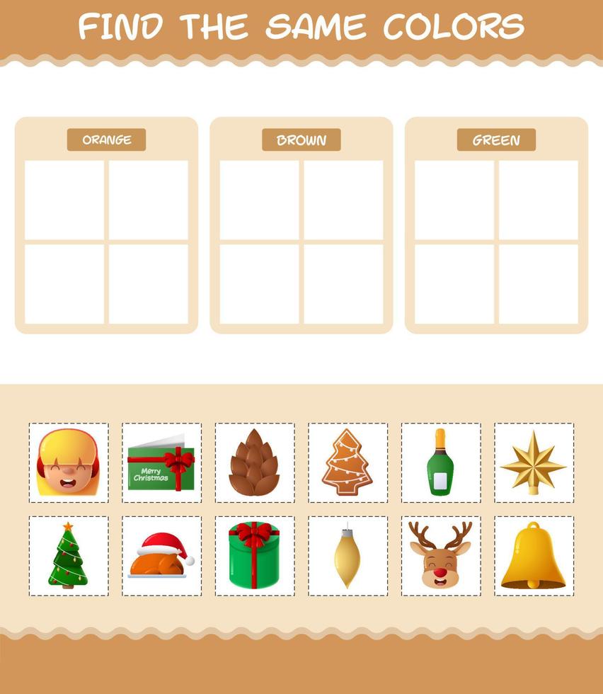 encontrar los mismos colores de navidad. juego de búsqueda y combinación. juego educativo para niños de edad preescolar y niños pequeños vector