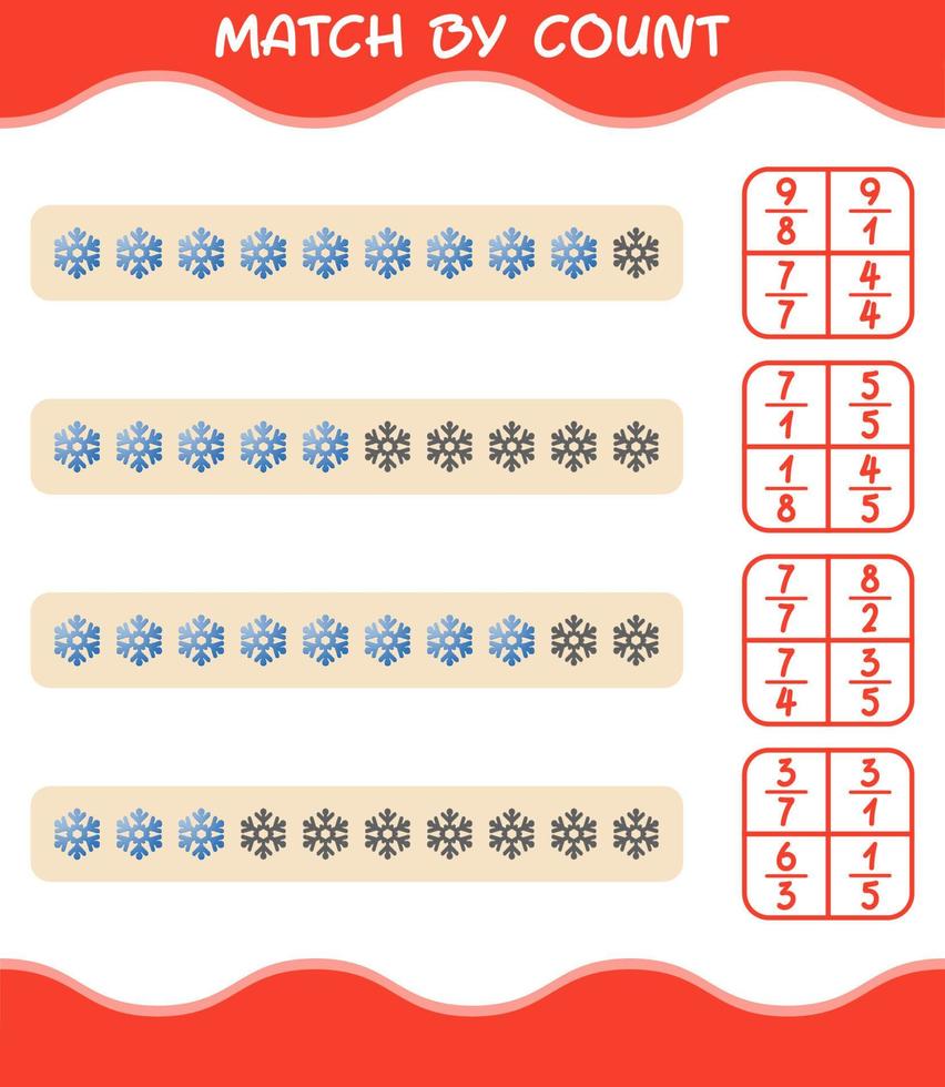 Match by count of cartoon snowflake. Match and count game. Educational game for pre shool years kids and toddlers vector