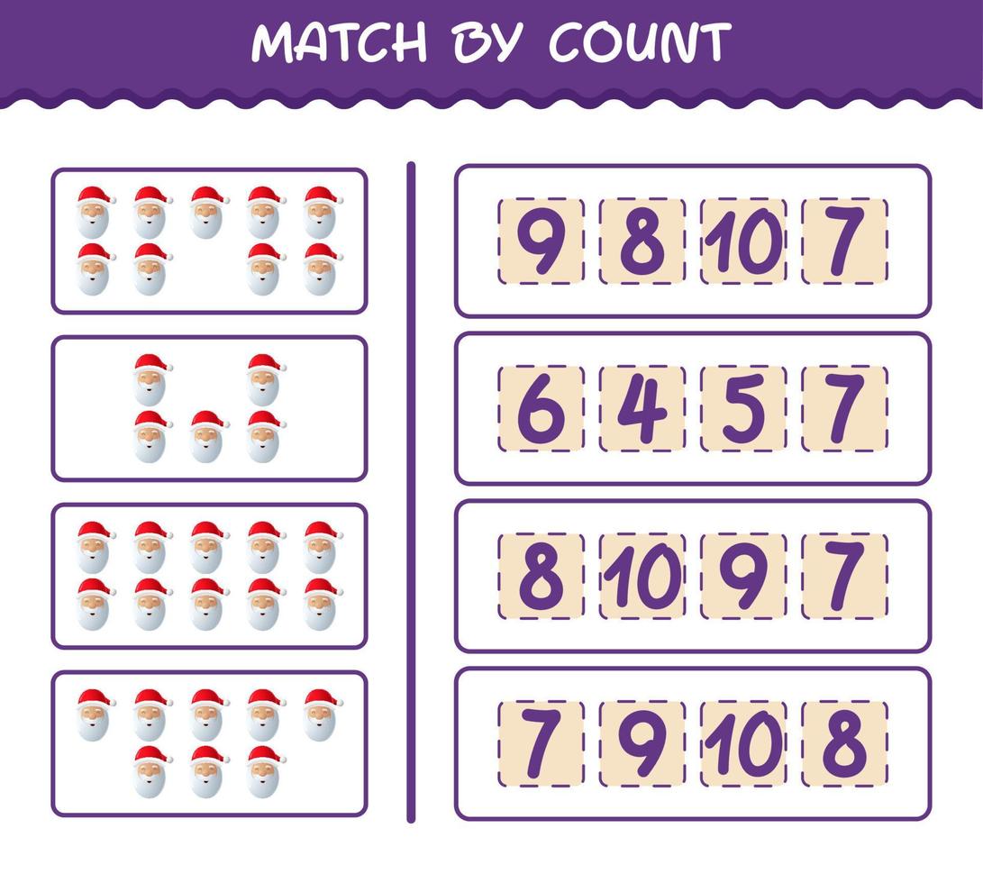 Match by count of cartoon santa claus. Match and count game. Educational game for pre shool years kids and toddlers vector