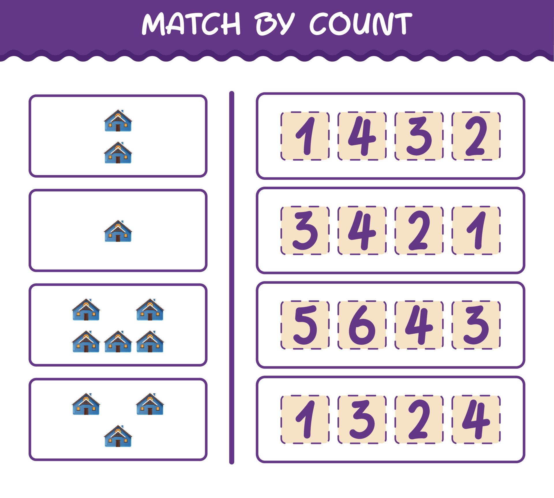 Match by count of cartoon house. Match and count game. Educational game