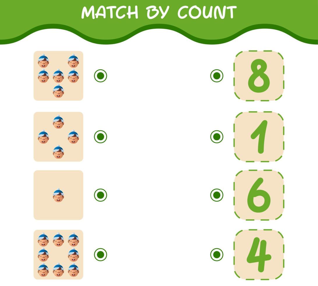 Match by count of cartoon boys. Match and count game. Educational game for pre shool years kids and toddlers vector