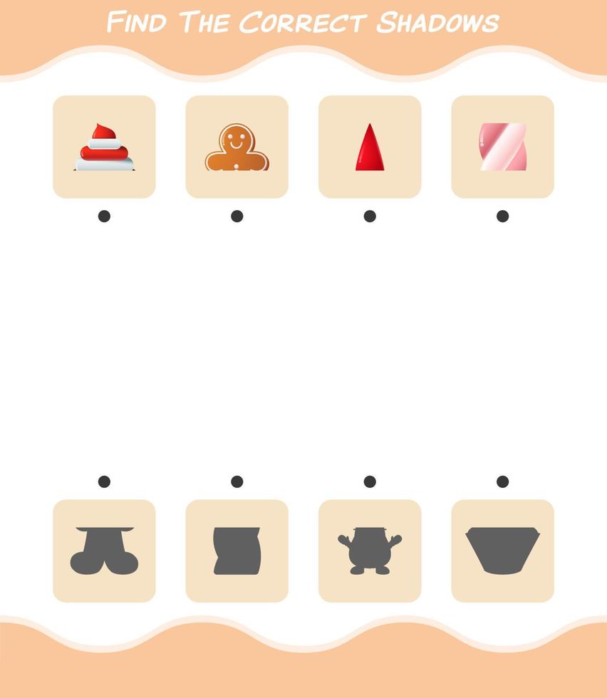 Find the correct shadows of cartoon christmas. Searching and Matching game. Educational game for pre shool years kids and toddlers vector