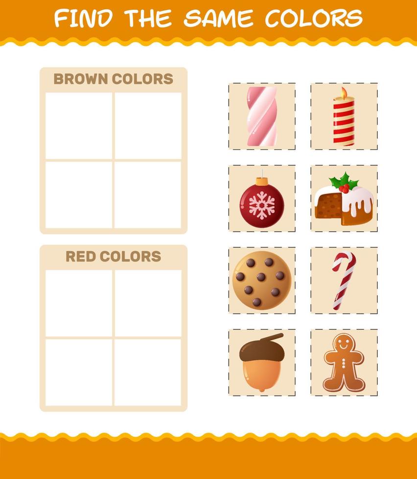 encontrar los mismos colores de navidad. juego de búsqueda y combinación. juego educativo para niños de edad preescolar y niños pequeños vector