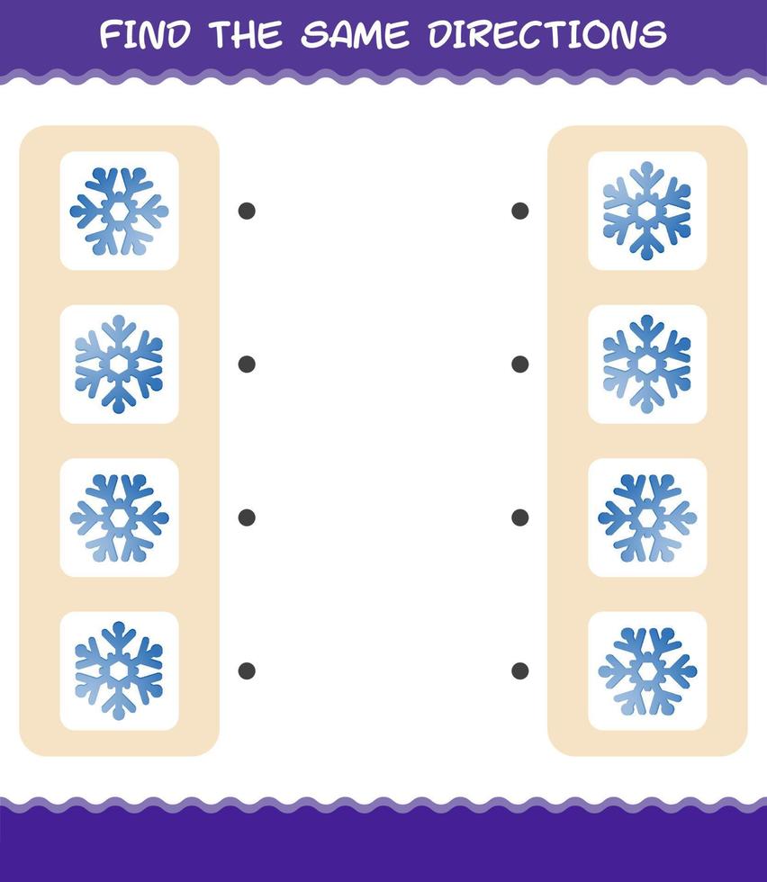 Match the same directions of snowflake. Matching game. Educational game for pre shool years kids and toddlers vector