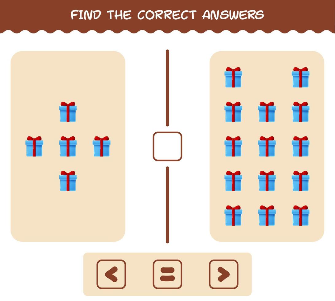 Find the correct answers of cartoon gift box. Searching and Counting game. Educational game for pre shool years kids and toddlers vector