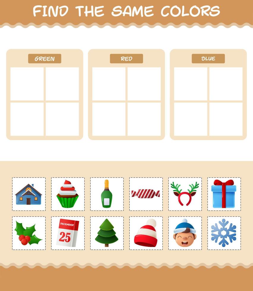 encontrar los mismos colores de navidad. juego de búsqueda y combinación. juego educativo para niños de edad preescolar y niños pequeños vector