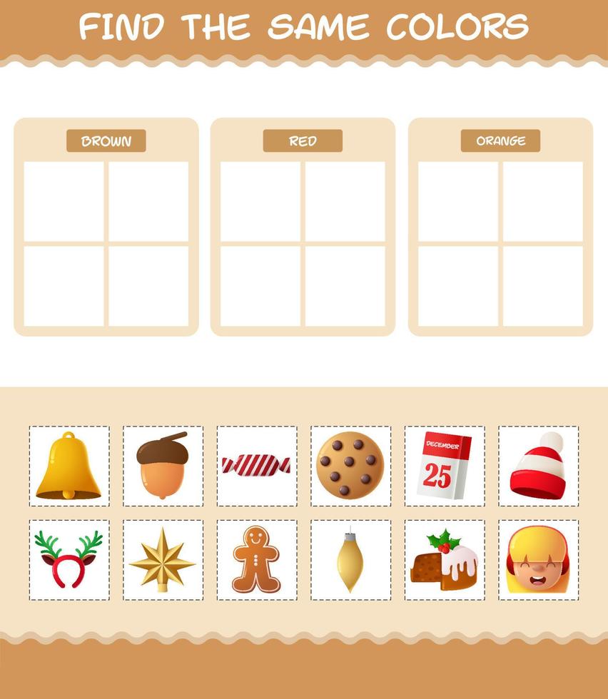 encontrar los mismos colores de navidad. juego de búsqueda y combinación. juego educativo para niños de edad preescolar y niños pequeños vector