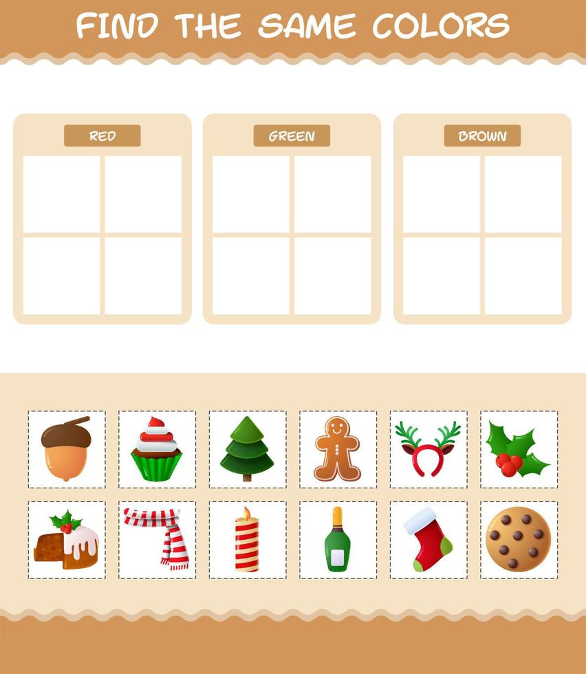 encontrar los mismos colores de navidad. juego de búsqueda y combinación. juego educativo para niños de edad preescolar y niños pequeños vector