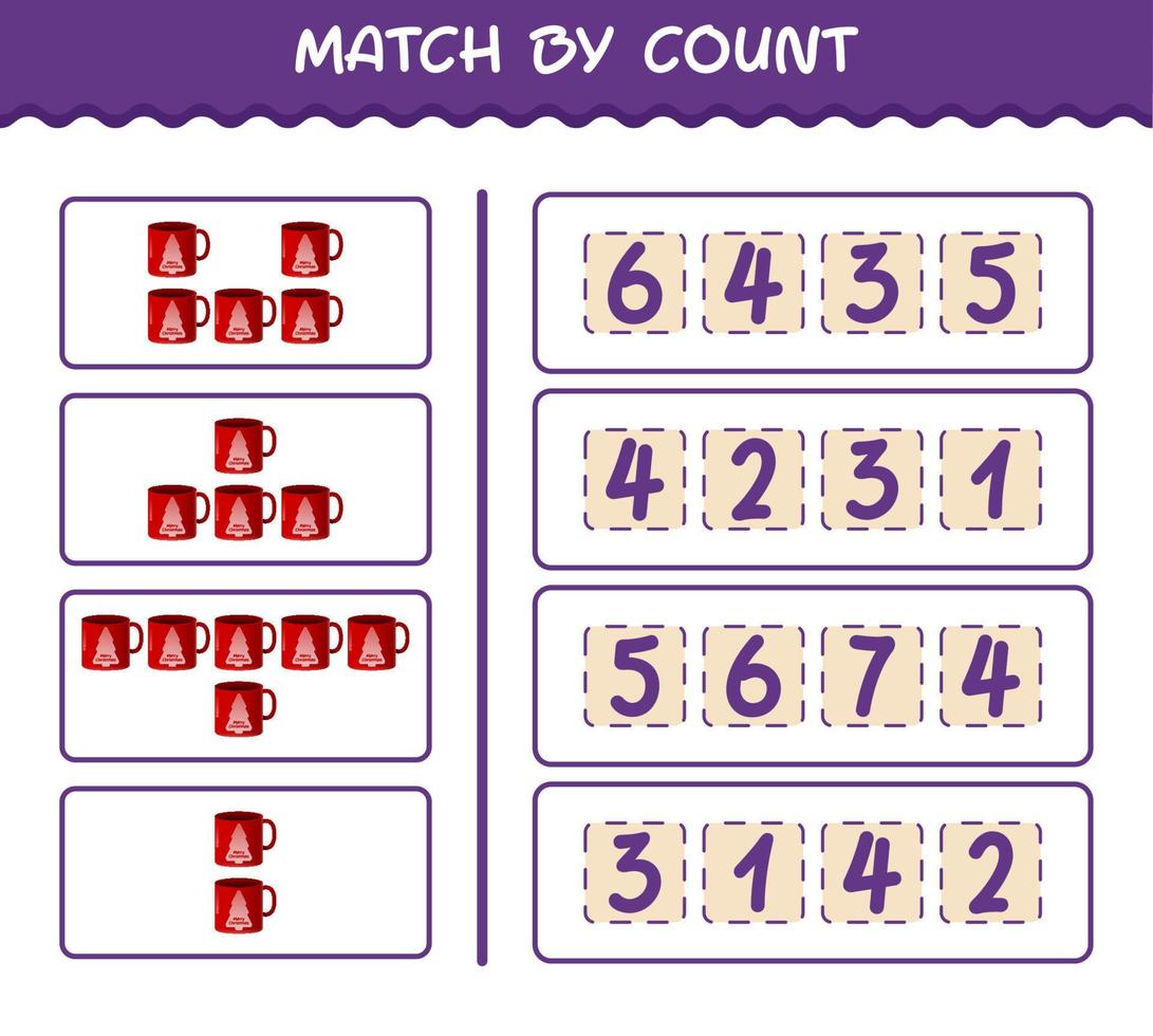 Match by count of cartoon mug. Match and count game. Educational game for pre shool years kids and toddlers vector
