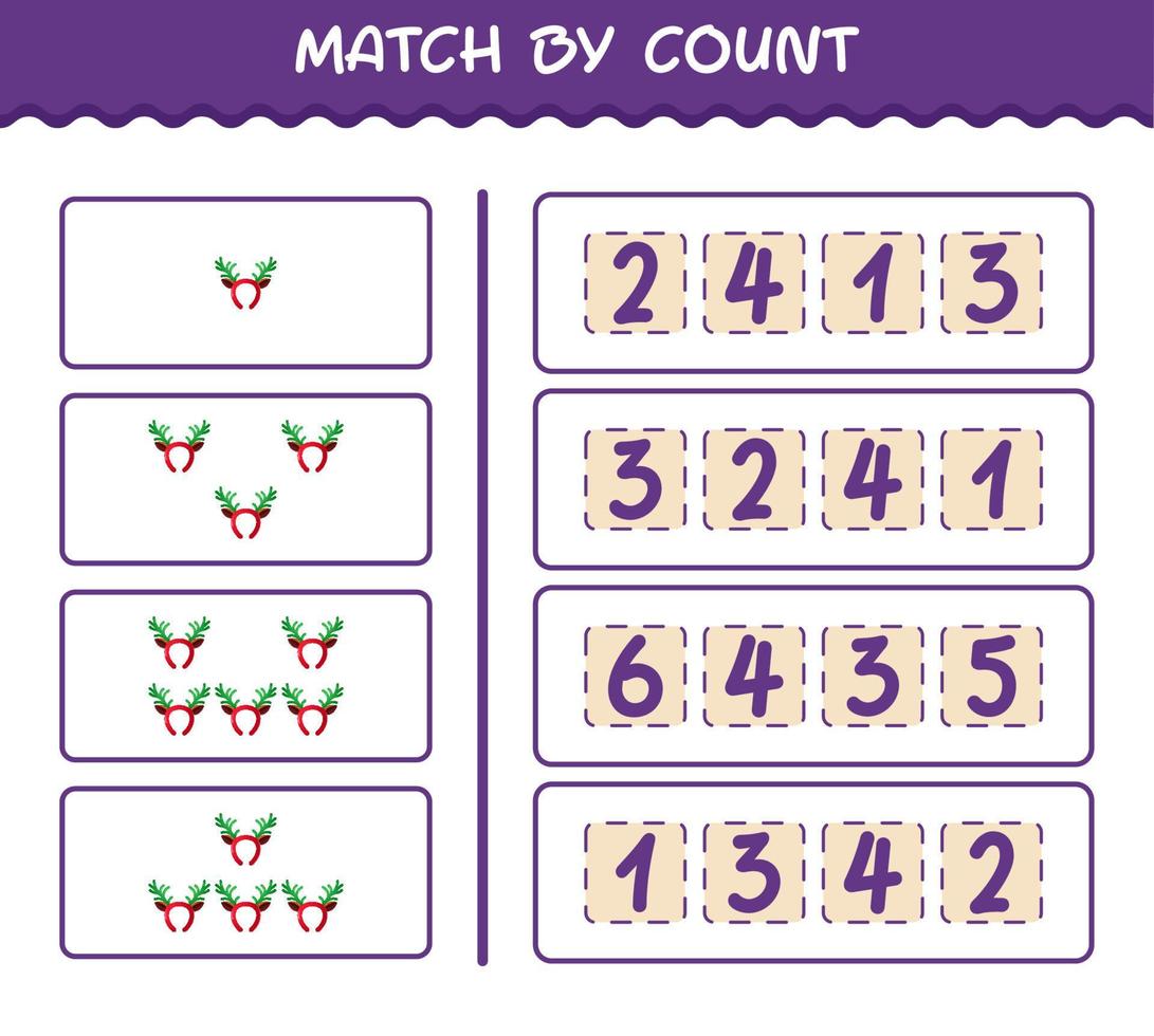 Match by count of cartoon antlers headband. Match and count game. Educational game for pre shool years kids and toddlers vector