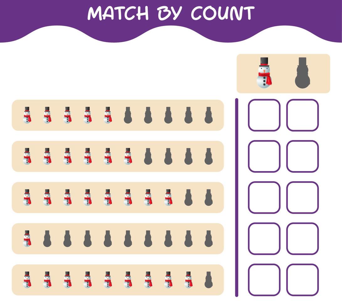 Match by count of cartoon snowman. Match and count game. Educational game for pre shool years kids and toddlers vector