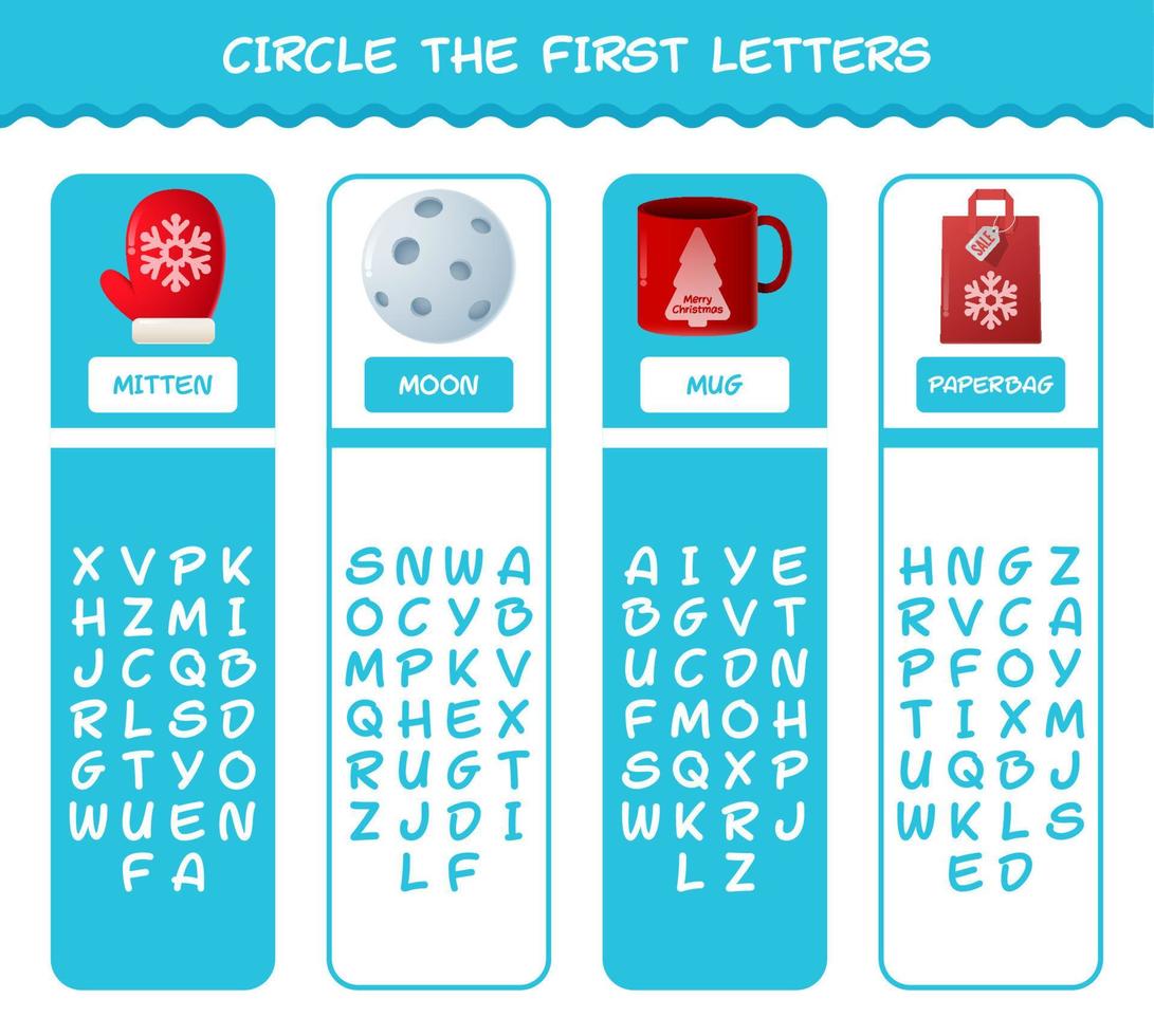 Circle the first letters of cartoon christmas. Matching game. Educational game for pre shool years kids and toddlers vector