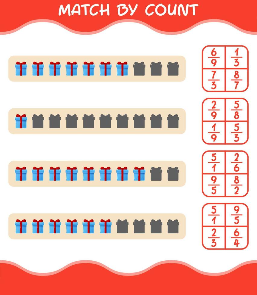 Match by count of cartoon gift box. Match and count game. Educational game for pre shool years kids and toddlers vector