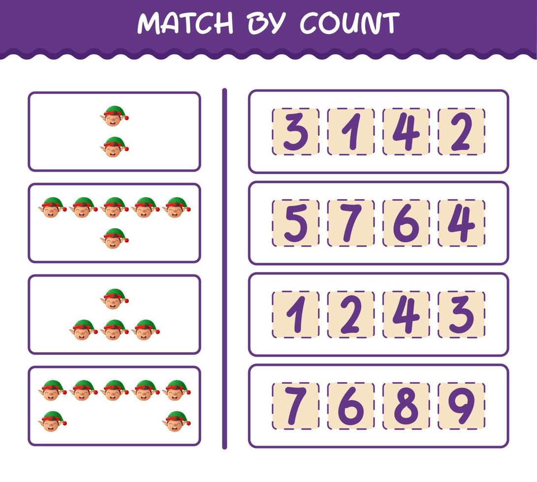Match by count of cartoon elf. Match and count game. Educational game for pre shool years kids and toddlers vector