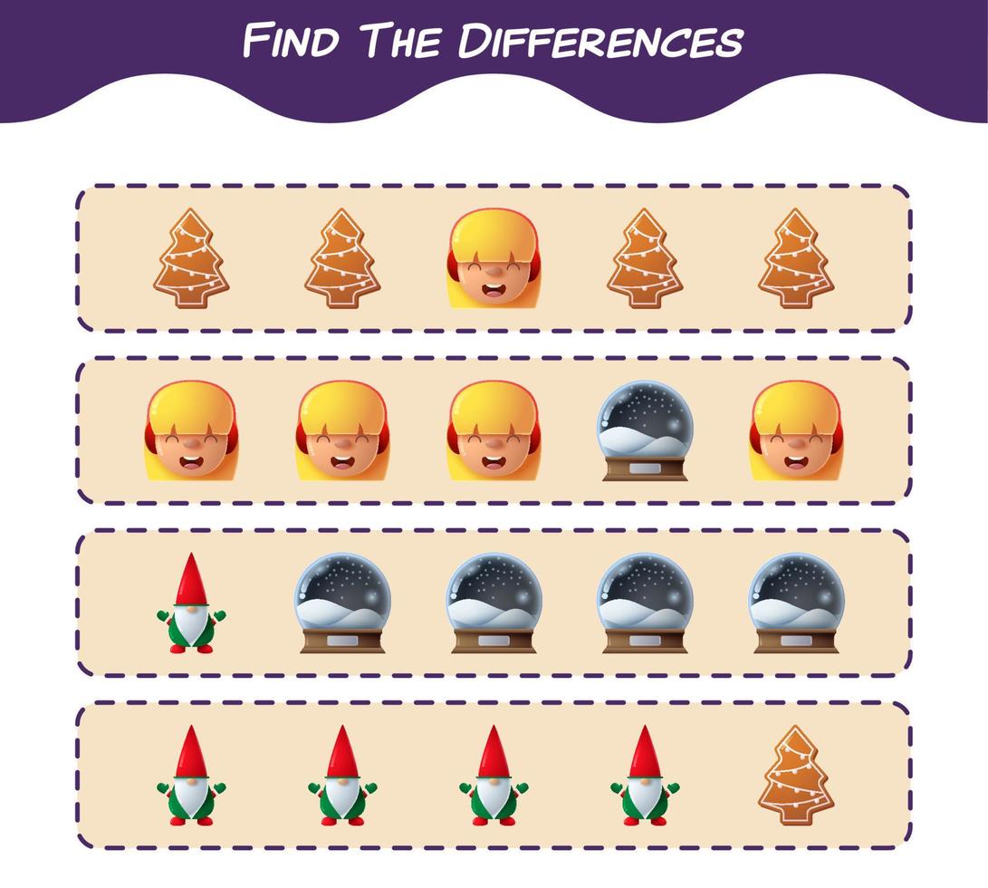 Find the differences between cartoon christmas. Searching game. Educational game for pre shool years kids and toddlers vector