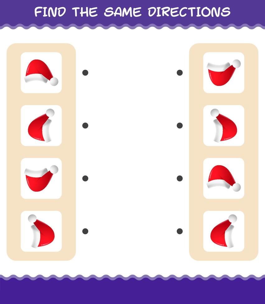 Match the same directions of santa hat. Matching game. Educational game for pre shool years kids and toddlers vector