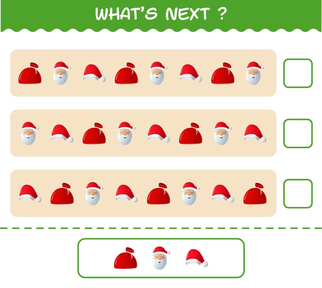 lo que viene después juego educativo de dibujos animados de navidad. encuentre la regularidad y continúe la tarea de la fila. juego educativo para niños y niños pequeños en edad preescolar vector