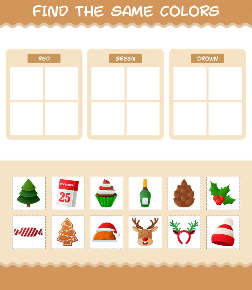 Find the same colors of christmas. Searching and Matching game. Educational game for pre shool years kids and toddlers vector
