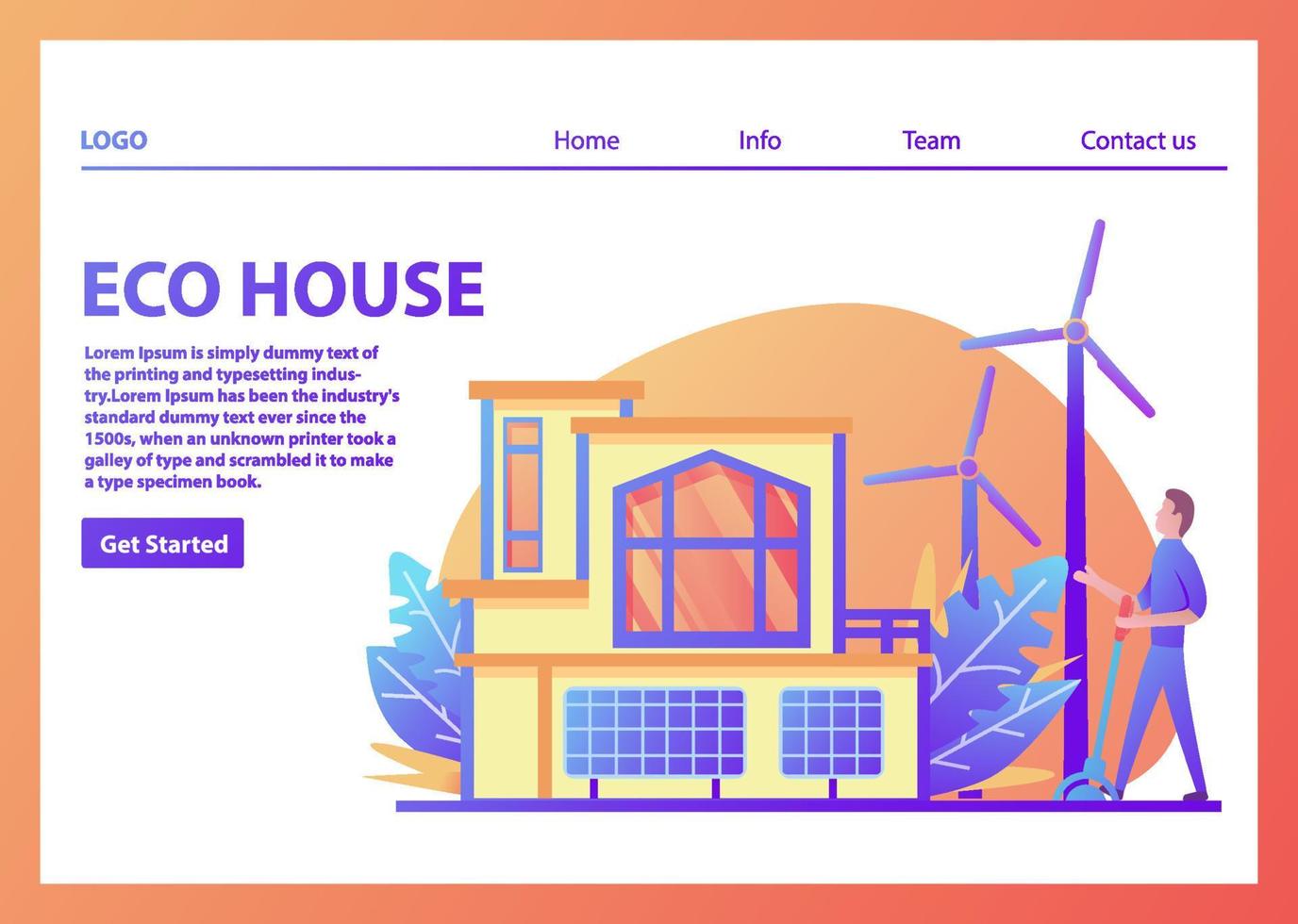 Landing page template.Green energy eco friendly suburban american house.Solar panel, wind power turbine.Family home facade.Flat vector.Web page.Website template.Young man includes  character cartoon. vector