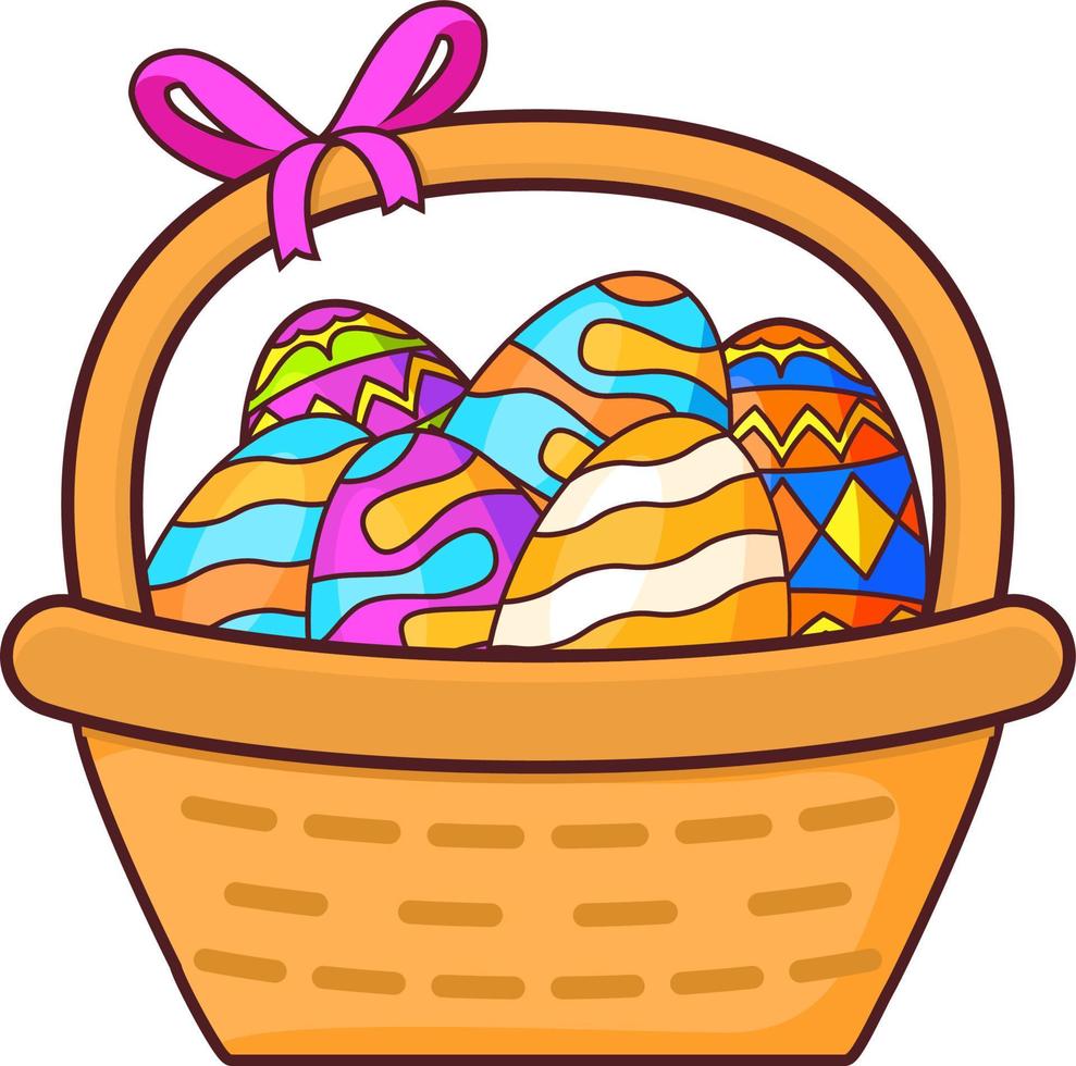 Basket with eggs for Easter.Festive illustration flat line art vector.Isolated on a white background.Painted eggs ornament. vector