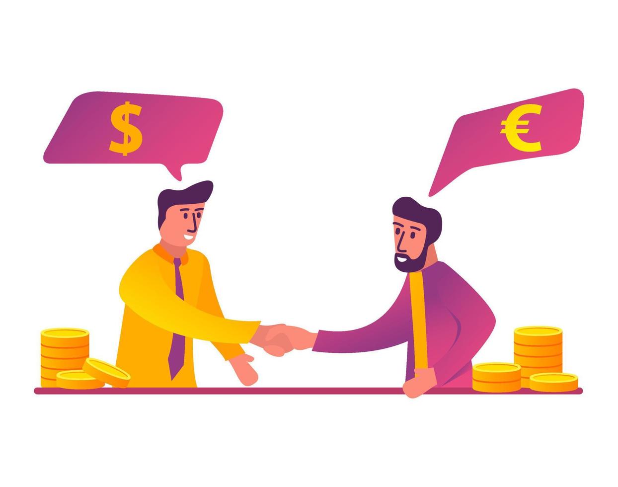 Successful business deal, b2b concept.Speech bubble with dollar and euro signs.Vector flat illustration.Business-to-business.Golden coins. vector