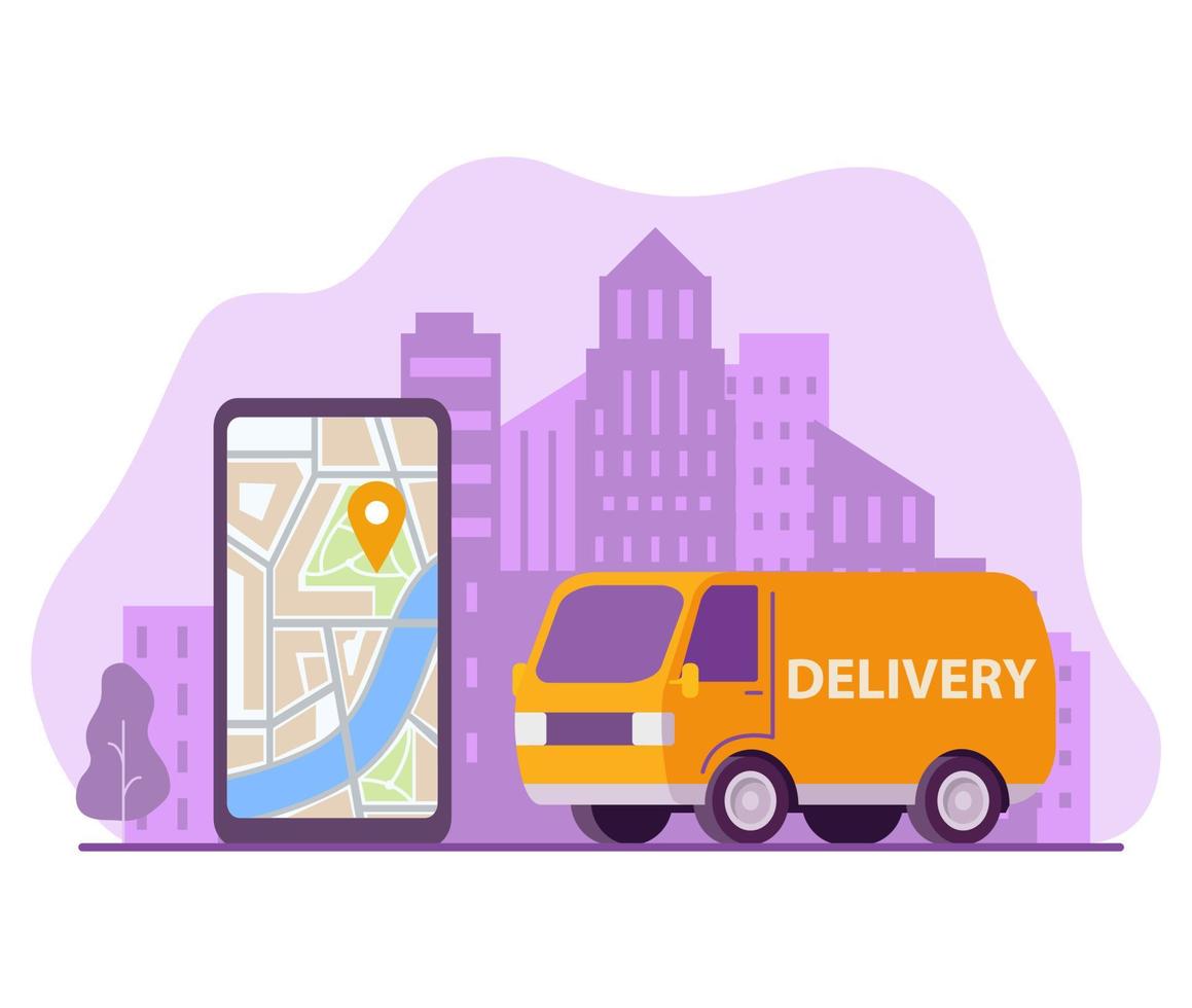 Online delivery phone .Online order tracking with map.Delivery service app on smartphone. City skyline van.Car vector flat illustration.
