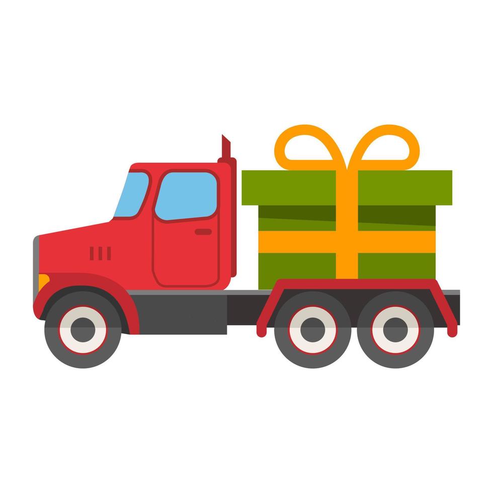 Christmas semi truck with green gift box.Tied gold ribbon bow.Happy New Year postcard.Vector flat illustration.Vehicle side view. Delivery of presents. vector