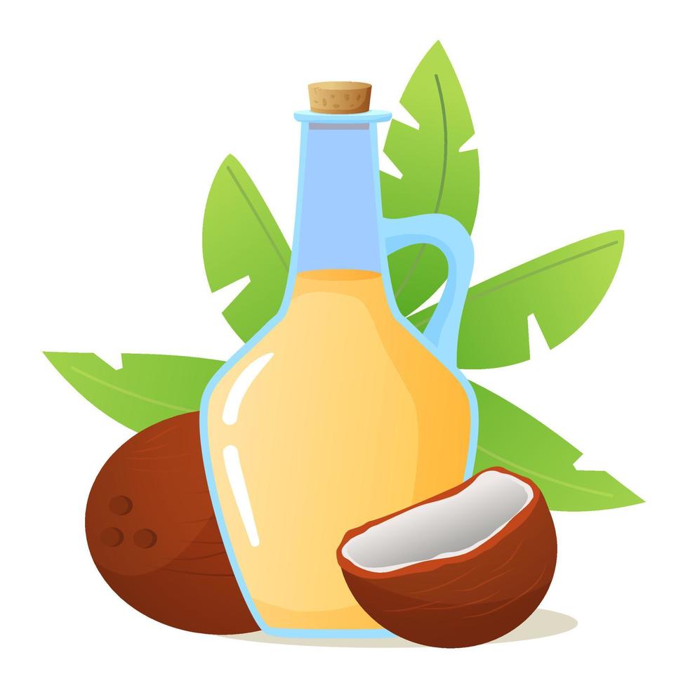 aceite de coco en botella de vidrio. cocos enteros y nueces rotas con hojas de palma. vector de ilustración plana aislado sobre fondo blanco. producto saludable orgánico. producto cosmético