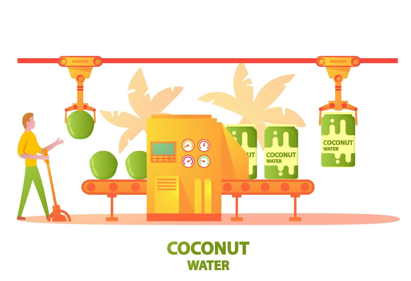 fábrica de cintas transportadoras bebida de agua de coco verde embotellado en lata de aluminio.máquina de alimentos.trabajador de fábrica de personajes de dibujos animados masculinos.ilustración vectorial plana.palmeras tropicales en el fondo vector