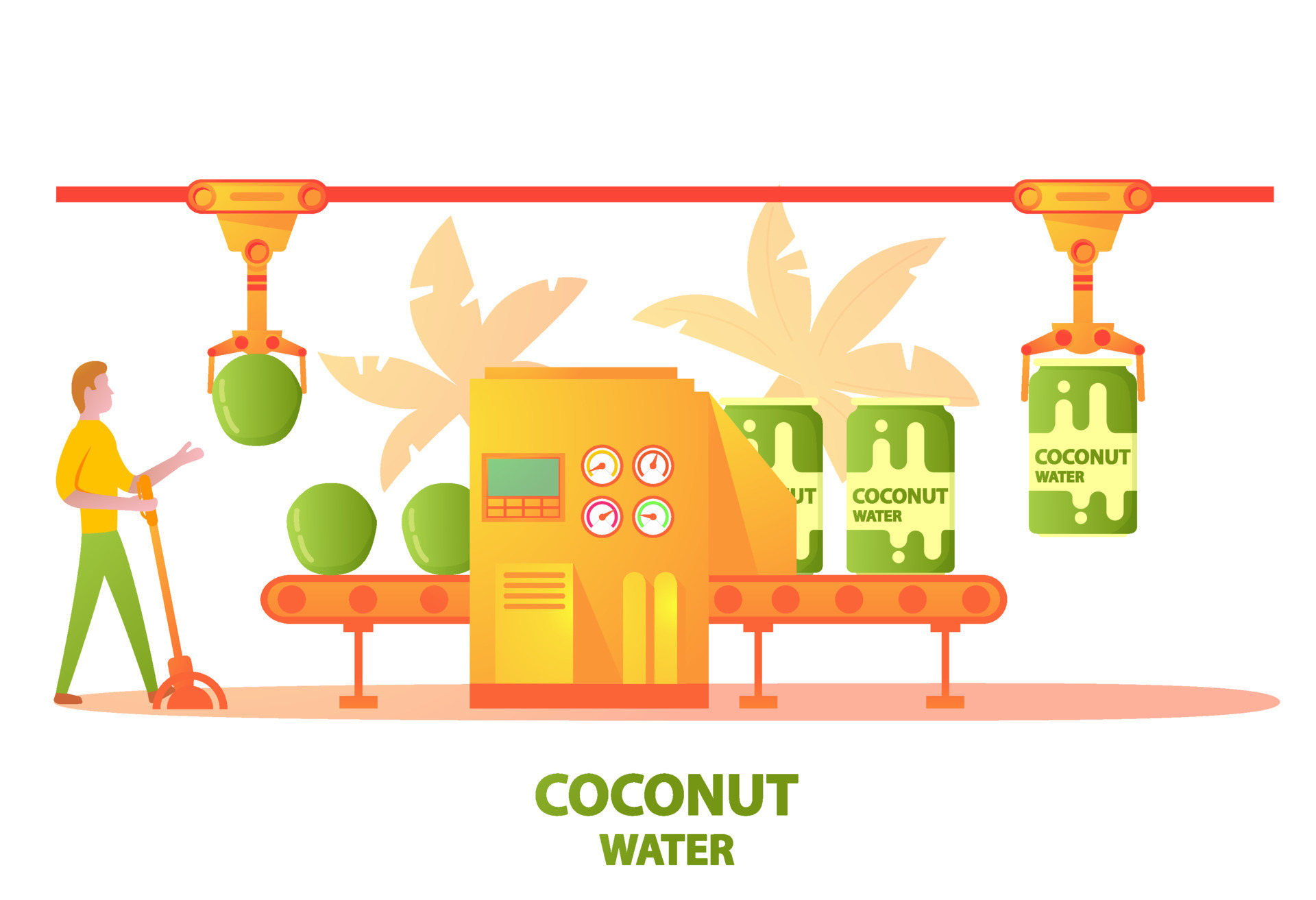 Conveyer belt factory green coconut water drink bottling in aluminum cartoon character factory vector palm trees on the background 8098726 Vector Art at Vecteezy Conveyer belt factory green coconut water drink bottling in aluminum cartoon character factory vector palm trees on the background 8098726 Vector Art at Vecteezy