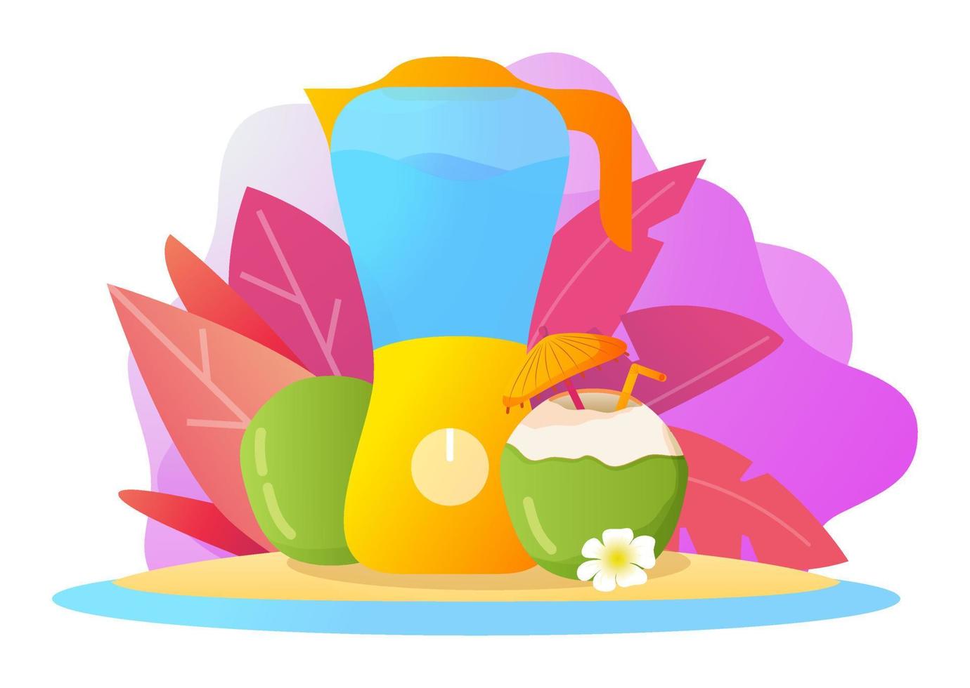 Blender coconut milk.Alcoholic cocktail in a nut with umbrella.Vector realistic illustration.Tropical cocktail with umbrella and straw.Isolated on a white background. vector