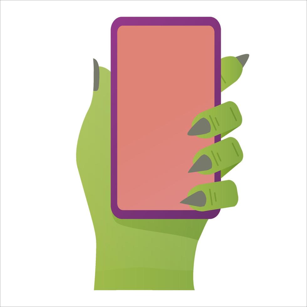 Halloween green zombie hand holds smartphone. Flat vector illustration.Isolated on a white background.Happy halloween.Festive banner for All Saints Day.