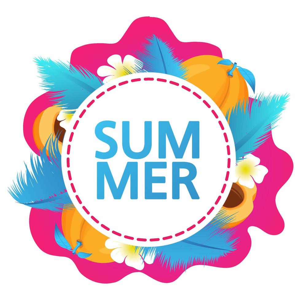 Summer sale banner.Offers a 50 discount.Apricot tropical fruit palm leaves.Flat vector illustration.Isolated on a white background.Website banner concept.