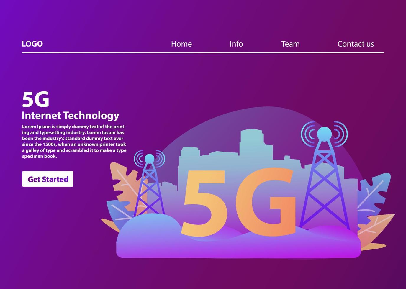 5G network wireless technology.Smart city .Mobile telecommunications concept.Silhouette city skyline with skyscrapers.Landing page website concept. vector