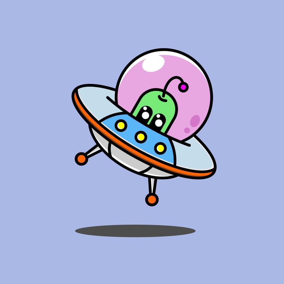 Cute green alien driving UFO Cartoon Vector Icon Illustration with Flat Cartoon Style. Science Technology Icon Concept Isolated Premium Vector