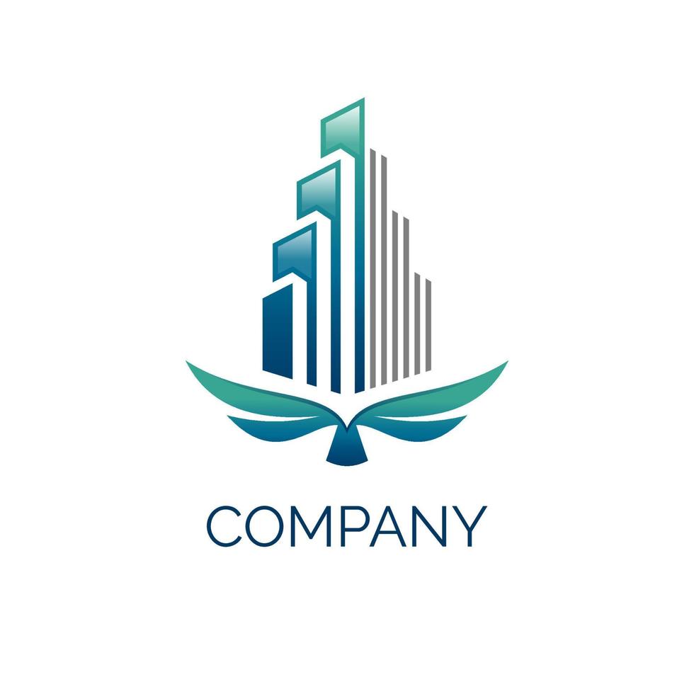 logo high rise city building with blue color and wings bird eagle dove flay in the sky. suitable for architecture civil construction company business vector